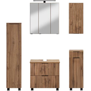 Badmöbel-Set WELLTIME Trento, Badezimmer-Set, Hängeschrank, Unterschrank, Midischrank Kastenmöbel-Sets Gr. B/H/T: 120cm x 200cm x 35cm, braun (wotaneiche rille) Waschbeckenunterschrank, Spiegelschrank inkl. Aufbauleuchte