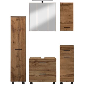 Badmöbel-Set WELLTIME Trento, Badezimmer-Set, Hängeschrank, Unterschrank, Midischrank Kastenmöbel-Sets Gr. B/H/T: 120cm x 200cm x 35cm, braun (wotaneiche/wotaneiche) Waschbeckenunterschrank, Spiegelschrank inkl. Aufbauleuchte