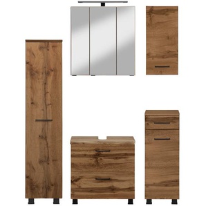 Badmöbel-Set WELLTIME Trento, Badezimmer-Set, Hängeschrank, Unterschrank, Midischrank Kastenmöbel-Sets Gr. B/H/T: 120cm x 200cm x 35cm, braun (wotaneiche/wotaneiche-baumkante) Waschbeckenunterschrank, Spiegelschrank inkl. Aufbauleuchte