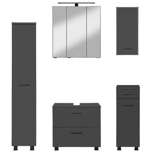 Badmöbel-Set WELLTIME Trento, Badezimmer-Set, Hängeschrank, Unterschrank, Midischrank Kastenmöbel-Sets Gr. B/H/T: 120cm x 200cm x 35cm, grau (matt grau/grafit) Waschbeckenunterschrank, Spiegelschrank inkl. Aufbauleuchte