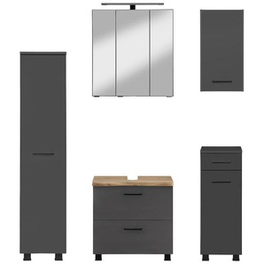 Badmöbel-Set WELLTIME Trento, Badezimmer-Set, Hängeschrank, Unterschrank, Midischrank Kastenmöbel-Sets Gr. B/H/T: 120cm x 200cm x 35cm, grau (matt grau/grafit-baumkante) Waschbeckenunterschrank, Spiegelschrank inkl. Aufbauleuchte