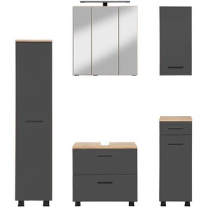 Badmöbel-Set WELLTIME Trento, Badezimmer-Set, Hängeschrank, Unterschrank, Midischrank Kastenmöbel-Sets Gr. B/H/T: 120cm x 200cm x 35cm, grau (matt grau/wotaneiche) Waschbeckenunterschrank, Spiegelschrank inkl. Aufbauleuchte