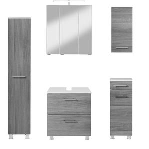 Badmöbel-Set WELLTIME Trento, Badezimmer-Set, Hängeschrank, Unterschrank, Midischrank Kastenmöbel-Sets Gr. B/H/T: 120cm x 200cm x 35cm, silberfarben (eiche rauchsilber) Waschbeckenunterschrank, Spiegelschrank inkl. Aufbauleuchte