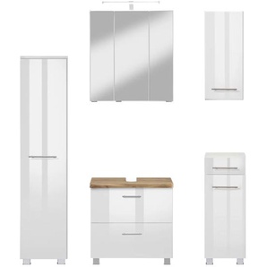 Badmöbel-Set WELLTIME Trento, Badezimmer-Set, Hängeschrank, Unterschrank, Midischrank Kastenmöbel-Sets Gr. B/H/T: 120cm x 200cm x 35cm, weiß (hochglanz weiß-baumkante) Waschbeckenunterschrank, Spiegelschrank inkl. Aufbauleuchte