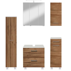 Badmöbel-Set WELLTIME Trento, Badezimmer-Set, Hängeschrank, Unterschrank, Midischrank Kastenmöbel-Sets Gr. B/H/T: 120cm x 200cm x 35cm, weiß (wotaneiche/weiß) Waschbeckenunterschrank, Spiegelschrank inkl. Aufbauleuchte