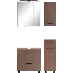 Badmöbel-Set WELLTIME Trento, Badezimmer-Set, Waschbeckenunterschrank, Hängeschrank Kastenmöbel-Sets Gr. B/H/T: 90cm x 200cm x 35cm, braun (cannelloeiche) Unterschrank, Waschbeckenunterschrank, Spiegelschrank, Aufbauleuchte