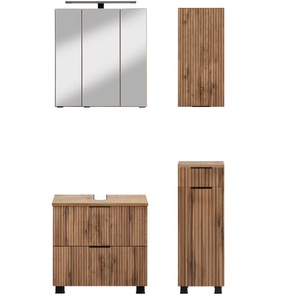 Badmöbel-Set WELLTIME Trento, Badezimmer-Set, Waschbeckenunterschrank, Hängeschrank Kastenmöbel-Sets Gr. B/H/T: 90cm x 200cm x 35cm, braun (wotaneiche rille) Unterschrank, Waschbeckenunterschrank, Spiegelschrank, Aufbauleuchte