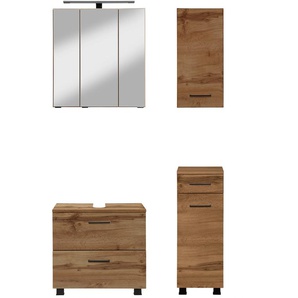 Badmöbel-Set WELLTIME Trento, Badezimmer-Set, Waschbeckenunterschrank, Hängeschrank Kastenmöbel-Sets Gr. B/H/T: 90cm x 200cm x 35cm, braun (wotaneiche/wotaneiche) Unterschrank, Waschbeckenunterschrank, Spiegelschrank, Aufbauleuchte