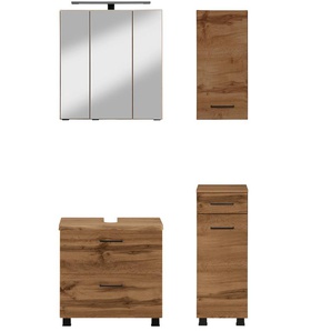 Badmöbel-Set WELLTIME Trento, Badezimmer-Set, Waschbeckenunterschrank, Hängeschrank Kastenmöbel-Sets Gr. B/H/T: 90cm x 200cm x 35cm, braun (wotaneiche/wotaneiche-baumkante) Unterschrank, Waschbeckenunterschrank, Spiegelschrank, Aufbauleuchte