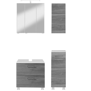 Badmöbel-Set WELLTIME Trento, Badezimmer-Set, Waschbeckenunterschrank, Hängeschrank Kastenmöbel-Sets Gr. B/H/T: 90cm x 200cm x 35cm, silberfarben (eiche rauchsilber) Unterschrank, Waschbeckenunterschrank, Spiegelschrank, Aufbauleuchte