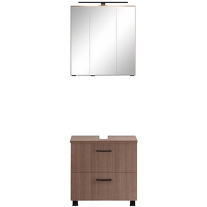 Badmöbel-Set WELLTIME Trento, Badezimmer-Set, Waschbeckenunterschrank, Spiegelschrank Kastenmöbel-Sets Gr. B/H/T: 60 cm x 200 cm x 35 cm, braun (cannelloeiche) inkl. LED Aufbauleuchtung SchalterSteckdose, Möbel Made in Germany