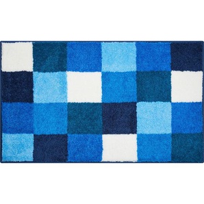 Badteppich Bona, Blau, Weiß, Textil, Karo, rechteckig, 60x100 cm, Oeko-Tex® Standard 100, Made in Europe, für Fußbodenheizung geeignet, rutschfest, Badtextilien, Badematten