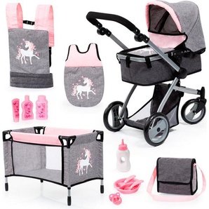 Bayer Puppenwagen Mega grau/rosa, (Set), mit Reisebett, Schlafsack, Wickeltasche und Zubehör