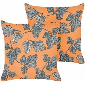 Dekokissen 2er Set Orange 45 x 45 cm Quadratisch mit Blätter Motiv Blattmuster Modern für Wohnzimmer Schlafzimmer Bett Sessel