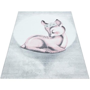 Bennjen Kinderteppich Bambi, Weiß, Hellgrau, Hellrosa, Textil, Tier, rechteckig, 160x230 cm, Oeko-Tex® Standard 100, für Fußbodenheizung geeignet, schmutzabweisend, Hausstauballergiker lichtunempfindlich, antistatisch, pflegeleicht, strapazierfähig,