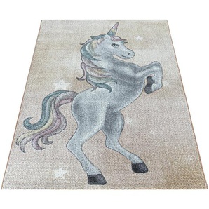 Bennjen Kinderteppich Funny 2102 Gelb, Gelb, Grau, Weiß, Textil, Einhorn, rechteckig, 140x200 cm, Oeko-Tex® Standard 100, für Fußbodenheizung geeignet, schmutzabweisend, Hausstauballergiker lichtunempfindlich, antistatisch, pflegeleicht, strapazierfähig,