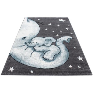 Bennjen Kinderteppich Kids 560, Blau, Grau, Weiß, Textil, Elefant, rechteckig, 160x230 cm, Oeko-Tex® Standard 100, für Fußbodenheizung geeignet, schmutzabweisend, Hausstauballergiker lichtunempfindlich, antistatisch, pflegeleicht, strapazierfähig, leicht