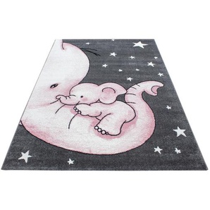 Bennjen Kinderteppich Kids 560, Grau, Weiß, Pink, Textil, Elefant, rechteckig, 160x230 cm, Oeko-Tex® Standard 100, für Fußbodenheizung geeignet, schmutzabweisend, Hausstauballergiker lichtunempfindlich, antistatisch, pflegeleicht, strapazierfähig, leicht