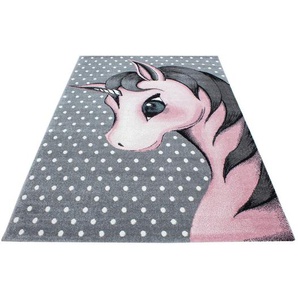 Bennjen Kinderteppich Kids 590, Grau, Weiß, Pink, Textil, Einhorn, rechteckig, 120x170 cm, Oeko-Tex® Standard 100, für Fußbodenheizung geeignet, schmutzabweisend, Hausstauballergiker lichtunempfindlich, antistatisch, pflegeleicht, strapazierfähig, leicht