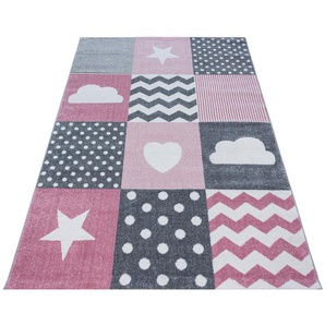 Bennjen Kinderteppich Kids, Grau, Weiß, Pink, Textil, Herz, rechteckig, 120x170 cm, Oeko-Tex® Standard 100, für Fußbodenheizung geeignet, schmutzabweisend, Hausstauballergiker lichtunempfindlich, antistatisch, pflegeleicht, strapazierfähig, leicht