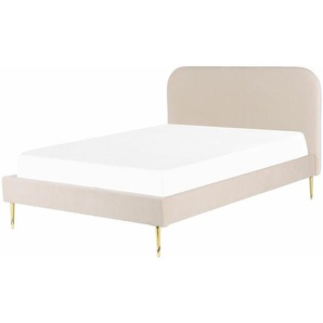 Bett Beige Samtstoff mit Lattenrost 140 x 200 cm Metallfüße Gold hohes Kopfteil Retro Glamourös Polsterbett Doppelbett Schlafzimmer