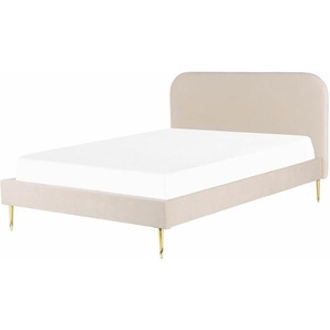 Bett Beige Samtstoff mit Lattenrost 180 x 200 cm Metallfüße Gold hohes Kopfteil Retro Glamourös Polsterbett Doppelbett Schlafzimmer