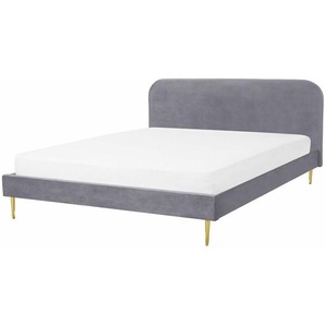 Bett Grau Samtstoff mit Lattenrost 180 x 200 cm Metallfüße Gold hohes Kopfteil Retro Glamourös Polsterbett Doppelbett Schlafzimmer