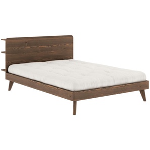 Bettgestell KARUP DESIGN RETREAT BED Betten Gr. Liegefläche B/L: 140cm x 200cm H: 93cm, braun (carob brown lackiert) aus Kiefer massiv mit Lattenrost, Kopfteil 3 Ablagen