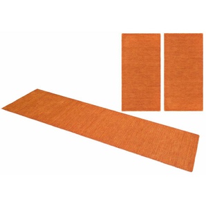 Bettumrandung THEKO Gabbeh Uni, Handweb Teppich, meliert, reine Wolle Gr. B/L (Brücke): 70cm x 140cm (2 St.) B/L (Läufer): 70cm x 320cm (), rechteckig, orange (terra) Bettvorleger, Uni-Farben, handgewebt, Läufer-Set, Schlafzimmer