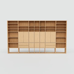 Bibliotheksregal Eiche - Modernes Regal für Bibliothek: Schubladen in Eiche & Türen in Eiche - 416 x 232 x 34 cm, konfigurierbar