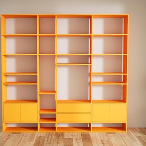 Bibliotheksregal Gelb - Modernes Regal für Bibliothek: Schubladen in Gelb & Türen in Gelb - 264 x 232 x 34 cm, konfigurierbar