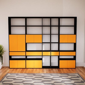 Bibliotheksregal Gelb - Modernes Regal für Bibliothek: Schubladen in Gelb & Türen in Gelb - 303 x 232 x 34 cm, konfigurierbar