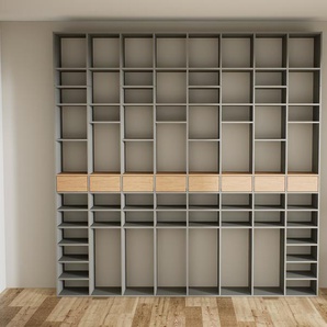 Bibliotheksregal Grau - Individuelles Regal für Bibliothek: Schubladen in Eiche - 310 x 290 x 34 cm, konfigurierbar