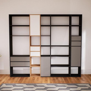 Bibliotheksregal Grau - Modernes Regal für Bibliothek: Schubladen in Grau & Türen in Grau - 267 x 232 x 34 cm, konfigurierbar