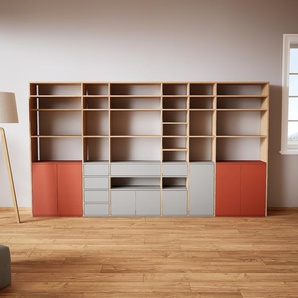 Bibliotheksregal Grau - Modernes Regal für Bibliothek: Schubladen in Grau & Türen in Terrakotta - 341 x 194 x 34 cm, konfigurierbar