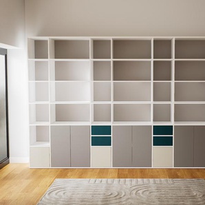Bibliotheksregal Hellgrau - Modernes Regal für Bibliothek: Schubladen in Blaugrün & Türen in Grau - 380 x 232 x 47 cm, konfigurierbar