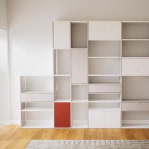 Bibliotheksregal Hellgrau - Modernes Regal für Bibliothek: Schubladen in Hellgrau & Türen in Weiß - 341 x 232 x 34 cm, konfigurierbar