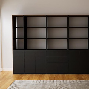 Bibliotheksregal Schwarz - Modernes Regal für Bibliothek: Schubladen in Schwarz & Türen in Schwarz - 303 x 194 x 47 cm, konfigurierbar