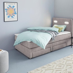 Boxbett INOSIGN Luan Komplettbetten Gr. Velourstoff fein Polyester Schubkästen rechts LED-Beleuchtung, Liegefläche B/L: 120 cm x 200 cm Betthöhe: 57 cm, Gewicht bis: 100 kg H3, 7-Zonen-Taschen-Federkernmatratze, grau (stone) Boxspringbett Schubkästen,