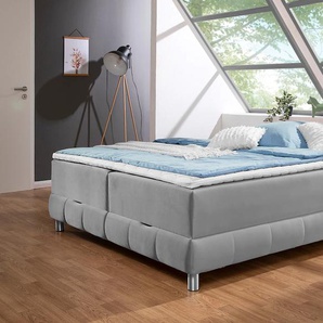 Boxspringbett INOSIGN Vaasa Komplettbetten Gr. Samtstoff, Liegefläche B/L: 160cm x 200cm, Gewicht bis: 80 kg H2, Bonnell-Federkernmatratze, silberfarben (silber) für Dachschrägen geeignet, inkl. Bettkasten und Topper