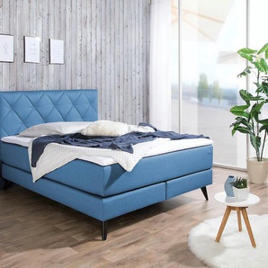 Boxspringbett MAINTAL, blau, Liegefläche B/L: 140cm x 200cm, H2, Bonnell-Federkernmatratze, Topperbezug Microfaser aus 100% Polyester, Bezug der Spiegelfläche Matratzendrell aus 100% Polyester, Strukturstoff-Bezug (100% Polyester), Komplettbetten,