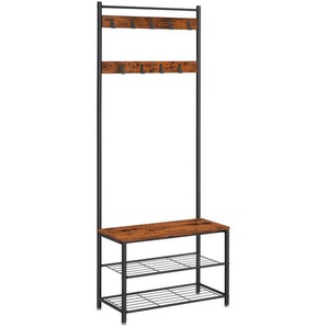 Boxxx Garderobenständer Vasagle, Braun, Schwarz, Metall, Holzwerkstoff, 70x175x32 cm, integrierte Sitzfläche, Schuhablage, standfeste Füße, Jackenhalter, Garderobe, Garderobenständer