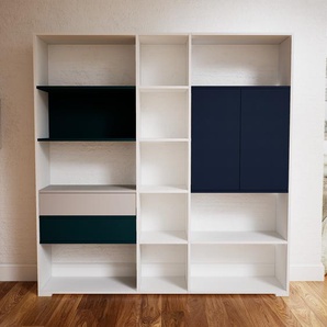 Bücherregal Blau - Modernes Regal für Bücher: Schubladen in Blaugrün & Türen in Blau - 190 x 196 x 34 cm, konfigurierbar