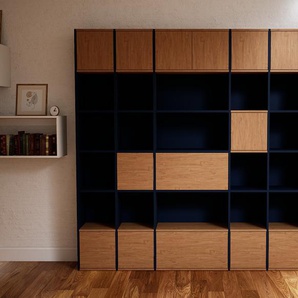 Bücherregal Blau - Modernes Regal für Bücher: Schubladen in Eiche & Türen in Eiche - 231 x 232 x 34 cm, konfigurierbar