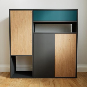 Kommode Eiche - Lowboard: Schubladen in Blaugrün & Türen in Eiche - Hochwertige Materialien - 115 x 117 x 34 cm, konfigurierbar