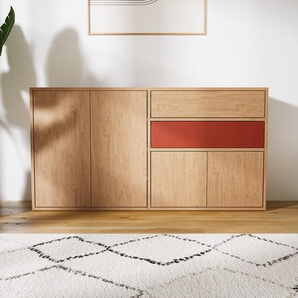 Sideboard Eiche - Sideboard: Schubladen in Terrakotta & Türen in Eiche - Hochwertige Materialien - 151 x 79 x 34 cm, konfigurierbar