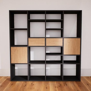 Bücherregal Eiche - Modernes Regal für Bücher: Schubladen in Eiche & Türen in Eiche - 156 x 156 x 34 cm, konfigurierbar