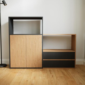 Kommode Eiche - Lowboard: Schubladen in Graphitgrau & Türen in Eiche - Hochwertige Materialien - 151 x 117 x 34 cm, konfigurierbar