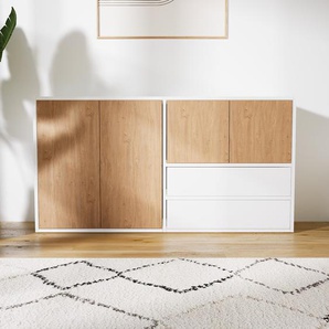 Sideboard Eiche - Sideboard: Schubladen in Weiß & Türen in Eiche - Hochwertige Materialien - 151 x 79 x 34 cm, konfigurierbar