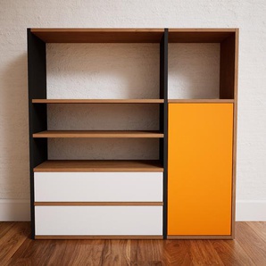 Bücherregal Gelb - Modernes Regal für Bücher: Schubladen in Weiß & Türen in Gelb - 115 x 117 x 34 cm, konfigurierbar